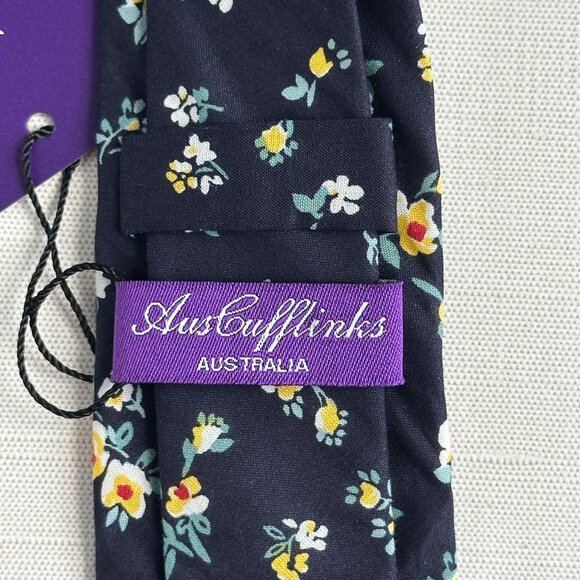AusCufflinks Men’s Tie NWT Navy Cotton Floral Print Handmade - Picture 8 of 12